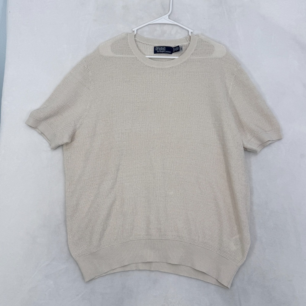 Polo Ralph Lauren Sweater Mens M Cream Linen Short Sleeve  Lightweight